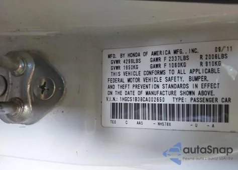 2012 Honda Accord 2.4 Lx-S z USA, uszkodzony, nr VIN 1HGCS1B38CA002650